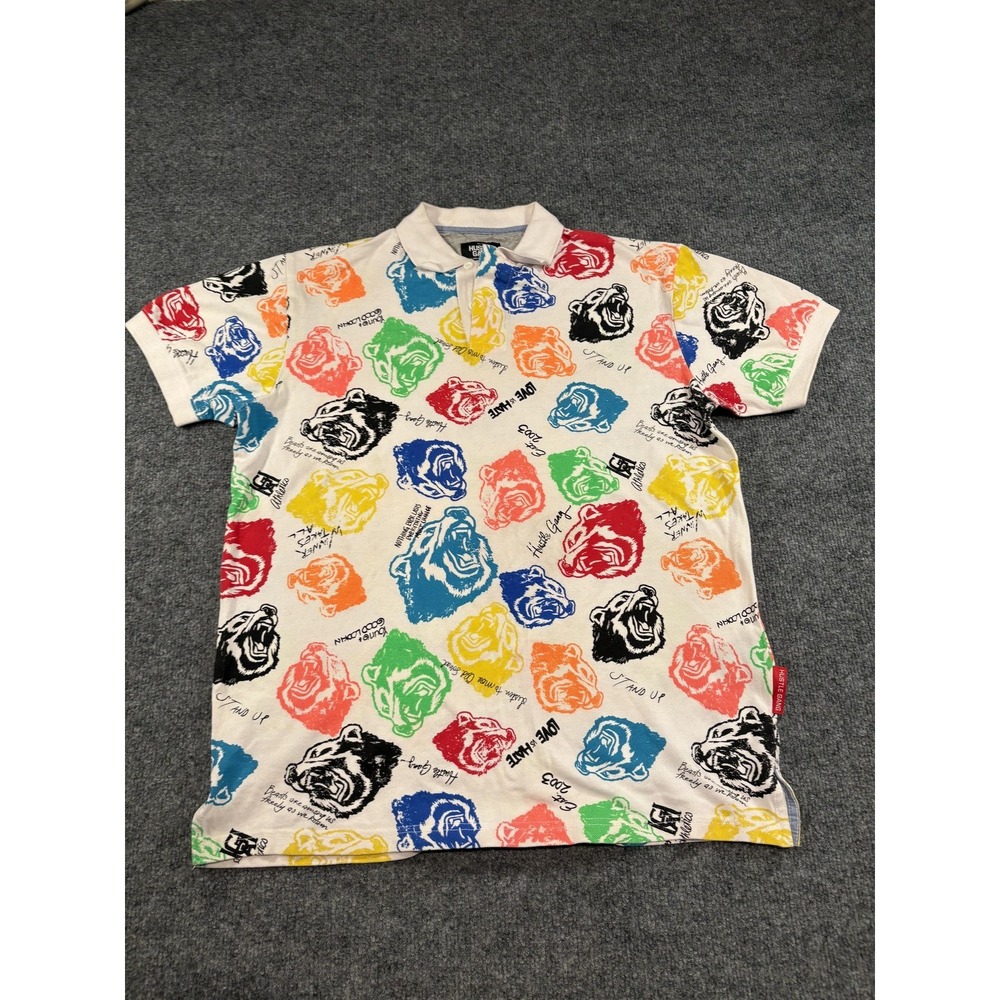 Hustle Gang Shirt Mens Medium Multicolor Bear Head Graphic Polo Streetwear